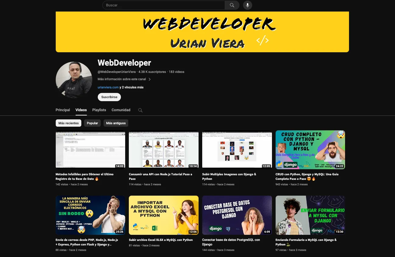 Urian Viera Full Stack Developer, visita mi canal de Youtube y Aprende de mis proyectos